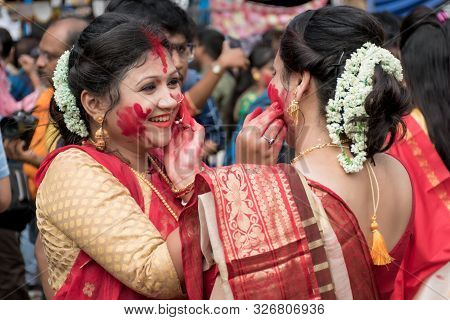 Kolkata, India - 8th October 2019; Women Participate In Sindur Khela At A Puja Pandal On The Last Da
