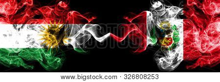 Kurdistan Vs Peru, Peruan Smoke Flags Placed Side By Side. Thick Colored Silky Smoke Flags Of Kurds 