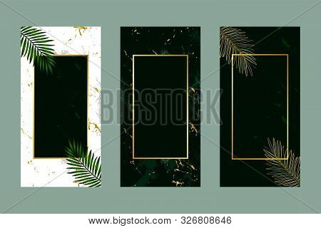 Invitation Card Background Green Leaf Gold White And Marble Template; Artistic Covers Design; Colorf