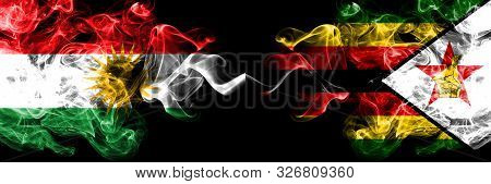 Kurdistan Vs Zimbabwe, Zimbabwean Smoke Flags Placed Side By Side. Thick Colored Silky Smoke Flags O