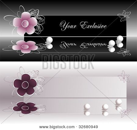 Banner etichette esclusive con fiore viola e rosa e perle
