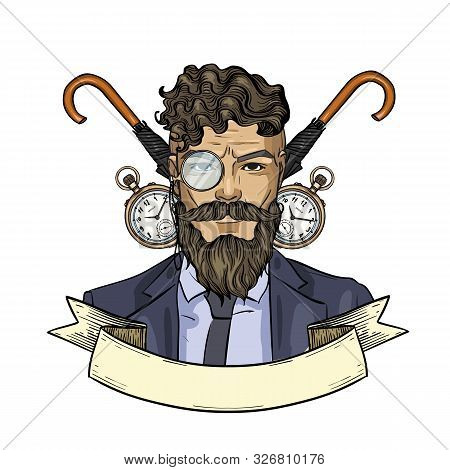 Hand Drawn Color Sketch, British Man With Beard And Mustaches And Umbrella And Clock. Poster, Flyer 