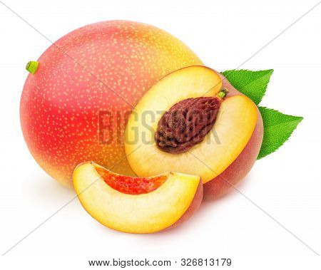 Heap Of Sweet Juicy Fruits - Peach And Mango Isolated On A White Background With Clipping Path.