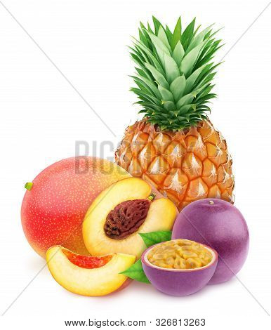 Multi-colored Exotic Composition With Fruit Mix Of Pineapple, Passion Fruit, Peach And Mango, Isolat