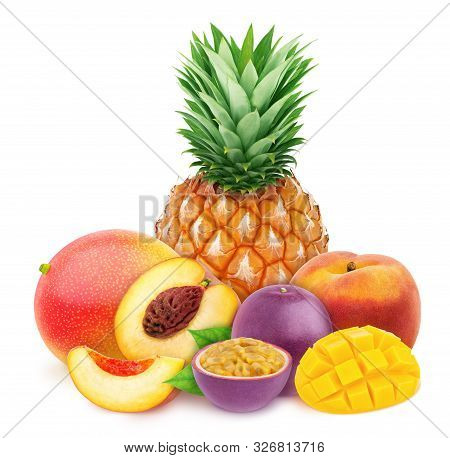 Multi-colored Exotic Composition With Fruit Mix Of Pineapple, Passion Fruit, Peach And Mango, Isolat