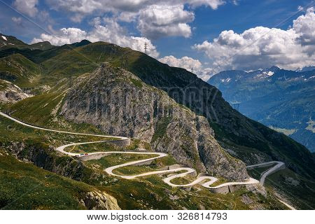 Aerial View Of The Old Road With Many Serpentines Going Through The St. Gotthard Pass In The Swiss A