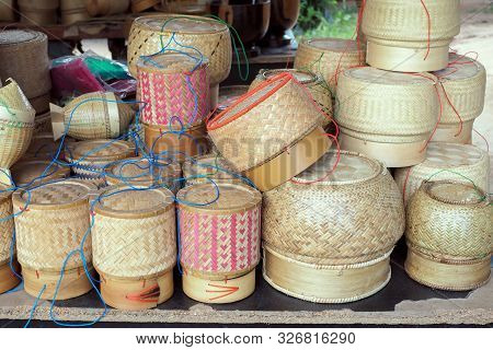 Thai Traditional Rice Box It Is Called Kratib Wicker Container Made Of Bamboo, For Packing Sticky Ri