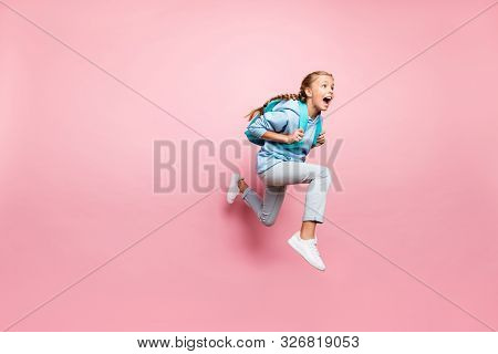 Full Length Body Size Turned Photo Of Frightened Fearful Girl Running Away In Fear With Backpack Beh