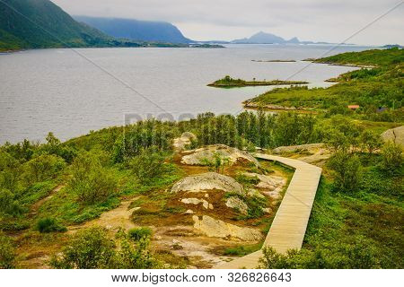 Fjord Landscape From Austnesfjorden Rest Area On Sildpollen Bay. Lofoten Islands Austvagoya, Norway.