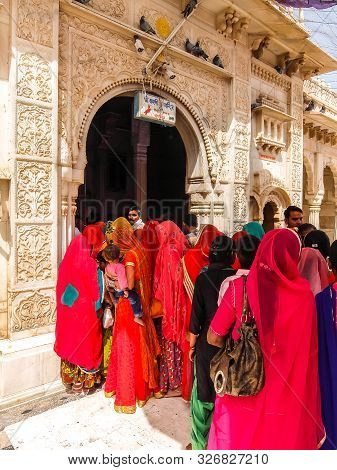 Deshnok, India - Circa March 2018. Devotees Visit Famous Karni Mata Temple.