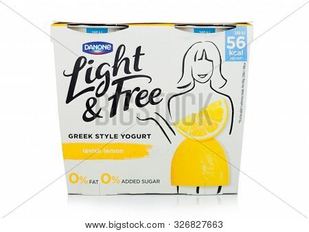 London, Uk - October 10, 2019: Pack Of Danone Light & Free Greek Style Natural Yogurt With Lemon On 