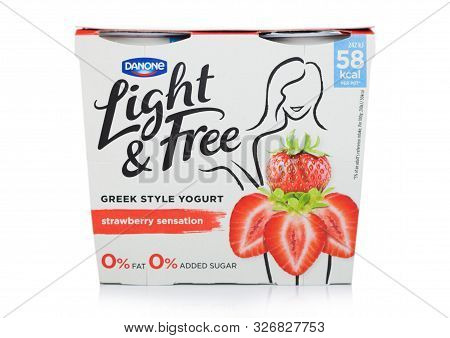 London, Uk - October 10, 2019: Pack Of Danone Light & Free Greek Style Natural Yogurt With Strawberr