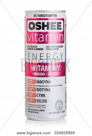 London, Uk - October 10, 2019: Aluminium Can Of Oshee Vitamin Energy Drink On White.