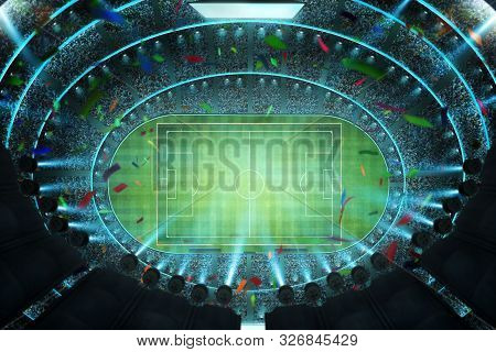 Aerial Top Angle View Of Imaginary Soccer Stadium With Illumination . 3d Rendering .