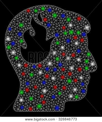 Bright Mesh Brain Fire With Glow Effect. White Wire Carcass Triangular Mesh In Vector Format On A Bl