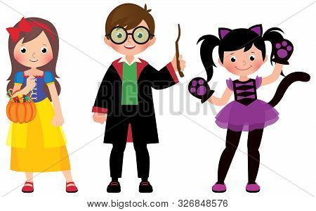 Group Of Young Children In Halloween Costumes In Full Length On A White Background