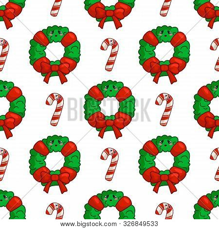 Christmas Seamless Pattern With Floral Firry Wreath, Red Ribbon And Bow, Sweet Candy Cane, Endless T