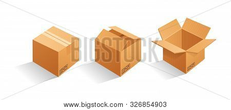 Cardboard Box Mockup Set. Open And Closed Mockup, Isolated On White Background. Brown Delivery Set V