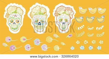 Seamless Vector Day Of The Dead Floral Sugar Skull Bird Set With Cute Bird In Pastel Tones. Funny An