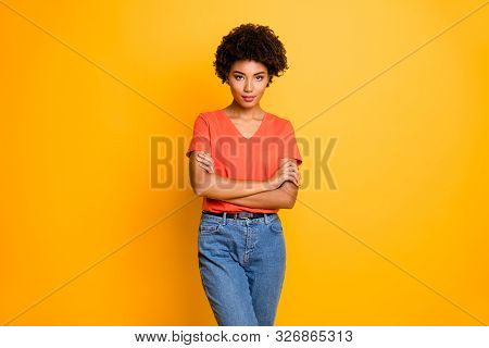 Photo Of Attractive Cute Charming Student Girl Wearing Jeans Denim Orange T-shirt Standing Confident