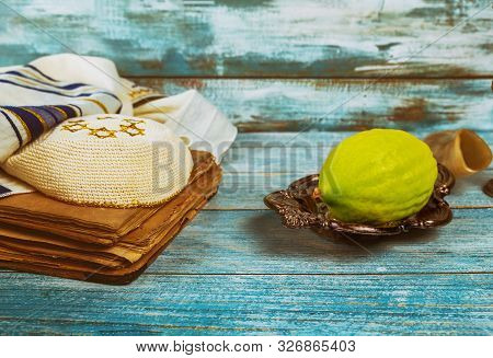 Religion Jewish Celebration Holy Holiday Sukkot. Etrog, Lulav, Hadas Arava Kippah And Shofar Tallit 
