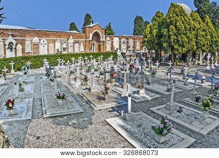 Venice, Italy, Apr 4, 2007: Gravestones At Cemetery Island Of San Michele In Venice, Italy. San Mich