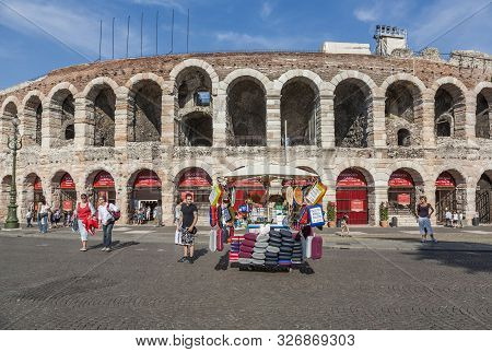 Verona, Italy  - Aug 5, 2009: Hawkers Selling Pillows For Seting In Front Of The Arena Di Verona , I
