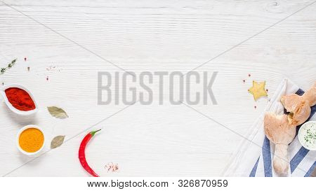 Culinary Class. Flat Lay Of Fresh Crusty Homemade Bread And Colorful Spices On White Wooden Backgrou