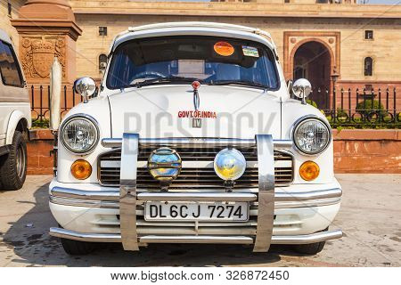 New Delhi , India - Nov 17, 2011: Official Hindustan Ambassador Cars Park Outside North Block, Secre