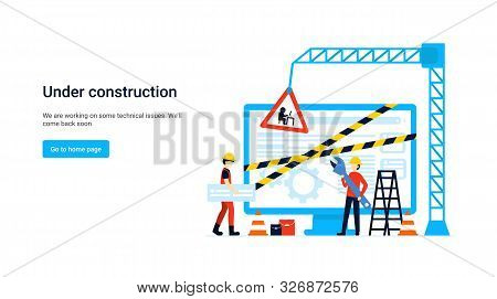 Flat Concept Site Under Construction For Web Page, Banner, Presentation, Social Media, Documents. We