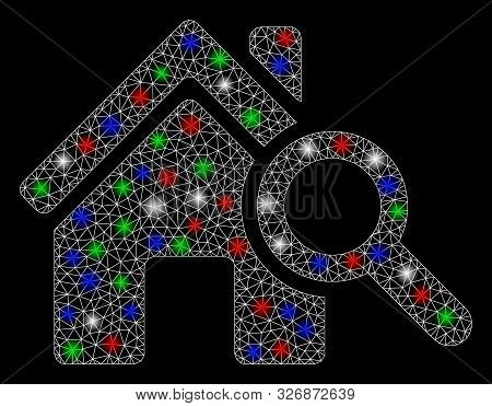 Bright Mesh Explore House With Lightspot Effect. White Wire Frame Polygonal Mesh In Vector Format On