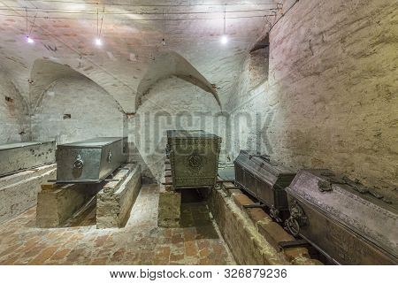 Wolgast, Germany - Aug 13, 2015: Coffin Inside Historic Gothic St Petri Church In Wolgast, Usedom, G