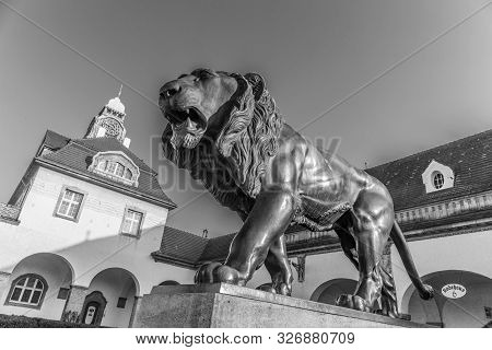 Bad Nauheim, Germany - Feb 15, 2017: Famous Art Nouveau Lion Statue At Sprudelhof In Bad Nauheim Und