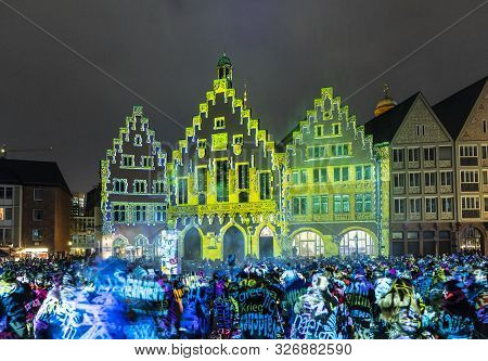 People Watch The Open Air Light Spectacle Luminale In Frankfurt