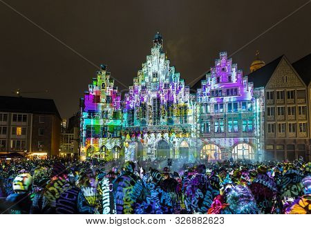 People Watch The Open Air Light Spectacle Luminale In Frankfurt