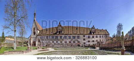 Bronnbach, Germany - Apr 6, 2018: Facade Of Cloister Bronnbach In Reichholzheim Near Wertheim, Germa