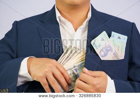 Money In Usa Hold On Hand Business Man And Money In Vietnam (vnd) Hold On Hand Business Man Wearing 