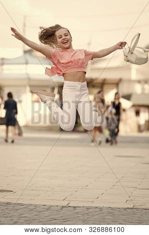 Summer Holidays. Charming Stylish Fashionable Girl. Little Child Enjoy Walk. Happy Day. Enjoy Being 