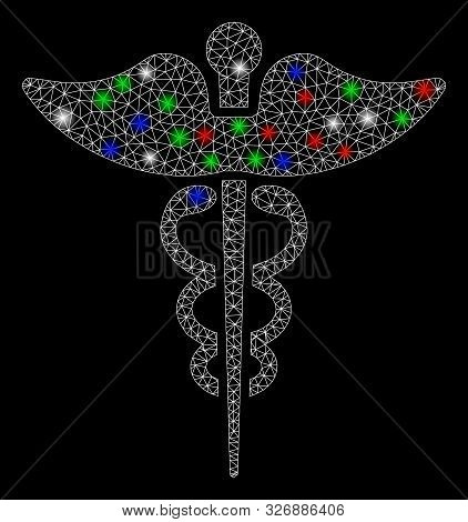 Bright Mesh Caduceus With Glare Effect. White Wire Carcass Polygonal Mesh In Vector Format On A Blac