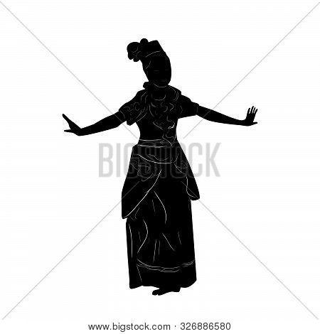Vector Hand Draw Sketch And Silhouette Of Young Girl Traditional West Java, Sunda  Indonesia .
