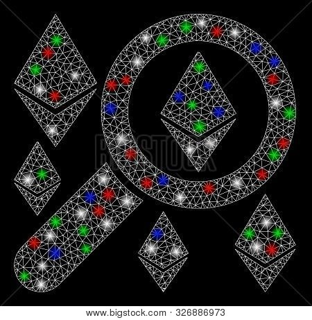 Bright Mesh Search Ethereum With Glow Effect. White Wire Frame Polygonal Mesh In Vector Format On A 
