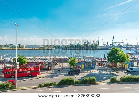 HAMBURG, GERMANY - JULY 24, 2018 : Street view of Cruise ship in the harbor, Hamburg, Germany.