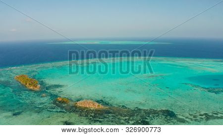 Tropical Islands Surrounded By An Atoll And A Coral Reef View From Above. Balabac, Philippines. Summ
