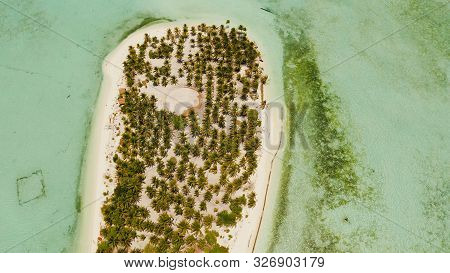 Tropical Island With Beautiful Beach, Palm Trees And Turquoise Water View From Above. Onok Island, B