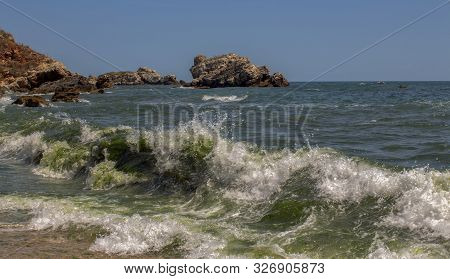 Seascape. Stormy Sea On The Beach In Rusalka Resort. North Black Sea Coast, Bulgaria.