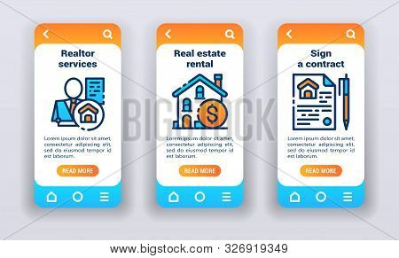 Real Estate On Mobile App Onboarding Screens. Line Icons, Realtor Services, Rental, Sign A Contract.