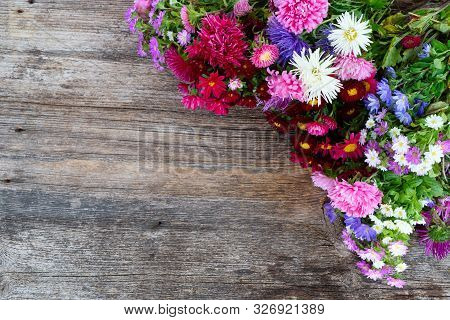 Aster Fresh Flowers, Top View On Wooden Background, Naturall Fall Flowers Background