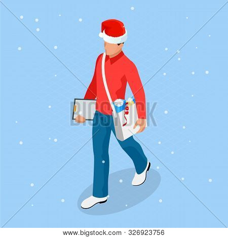 Isometric Online Christmas Shopping. Delivery Man In Santa Claus Hat With Christmas Present. Deliver