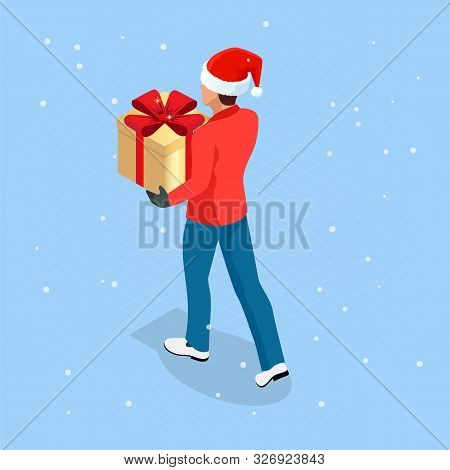 Isometric Online Christmas Shopping. Delivery Man In Santa Claus Hat With Christmas Present. Deliver