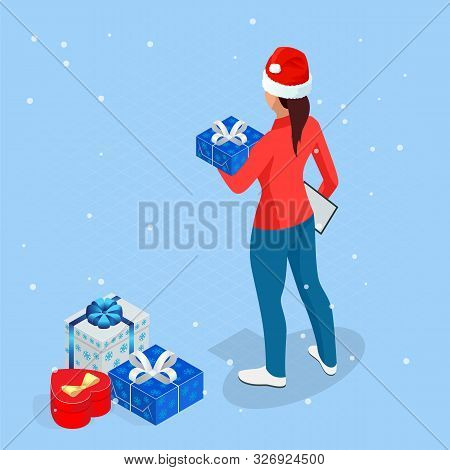 Isometric Online Christmas Shopping. Delivery Woman In Santa Claus Hat With Christmas Present. Deliv